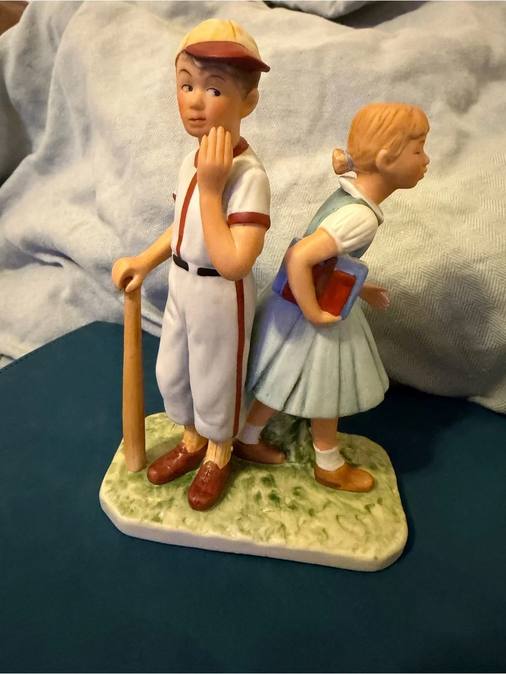 Gorham Porcelain Figurine Inspired by Norman Rockwell in Cream and Blue